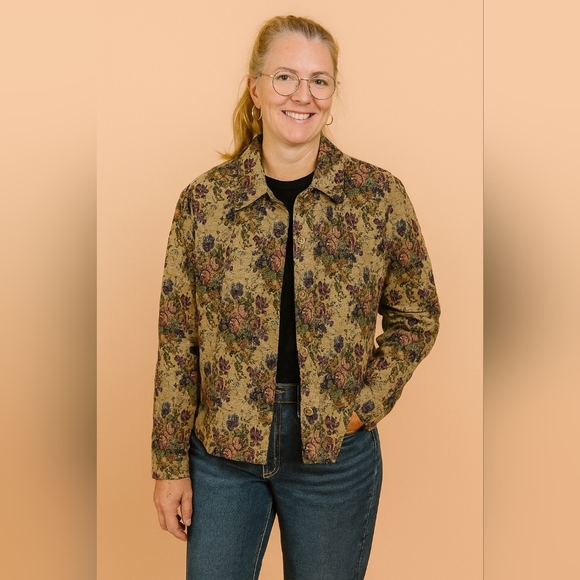 Vintage Lemon Grass Rose Bouquet Tapestry Button Up Jacket Size Large - Picture 2 of 11